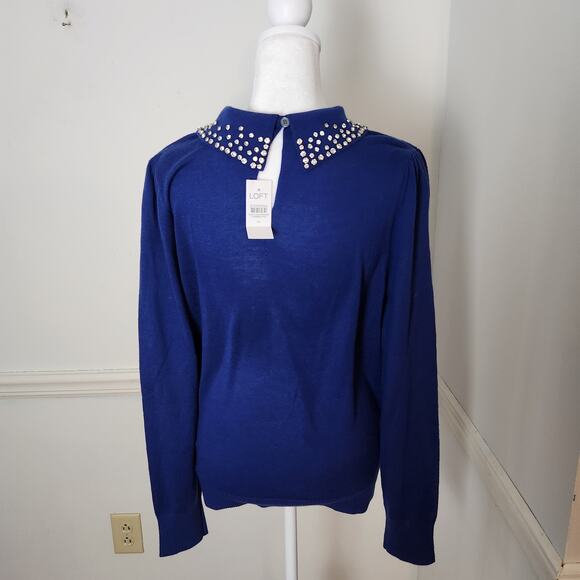 New Loft Sweater Sz Medium Women Blue Embellished Peter Pan Collar Career Casual - Picture 6 of 10